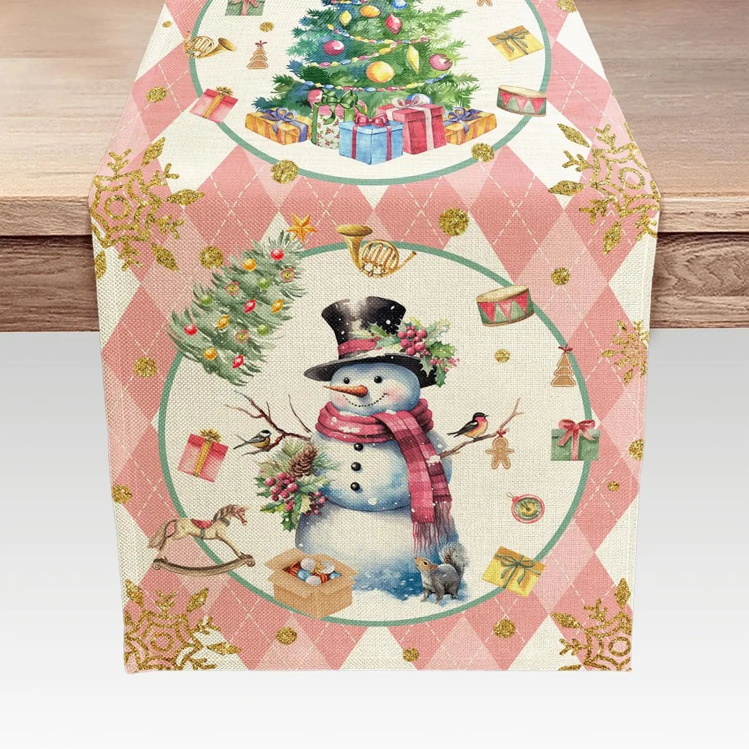 Christmas Pink Diamond Plaid Snowman Table Runner Seasonal Winter Kitchen Dining Table Decoration for Home Table Runners for Indoor Outdoor Home Party Holiday Decor 13X48Inch