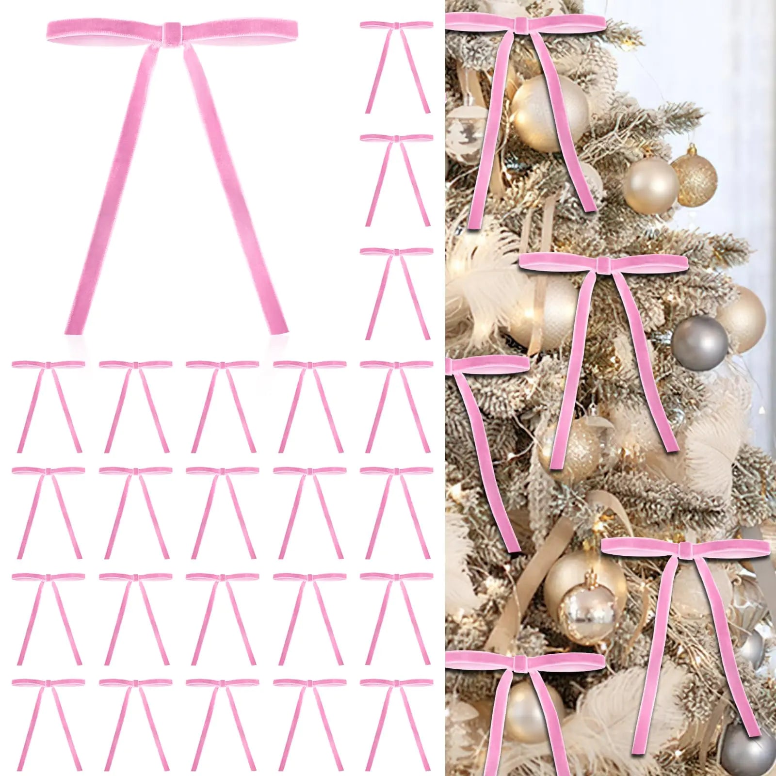 24 Pcs Pink Velvet Bows for Christmas Tree Elegant Christmas Tree Bows 5x7 Inch Pre-Tied Velvet Ribbon Bows for Wreaths Gifts and Holiday Décor Velvet Bow Ornaments for Christmas Trees